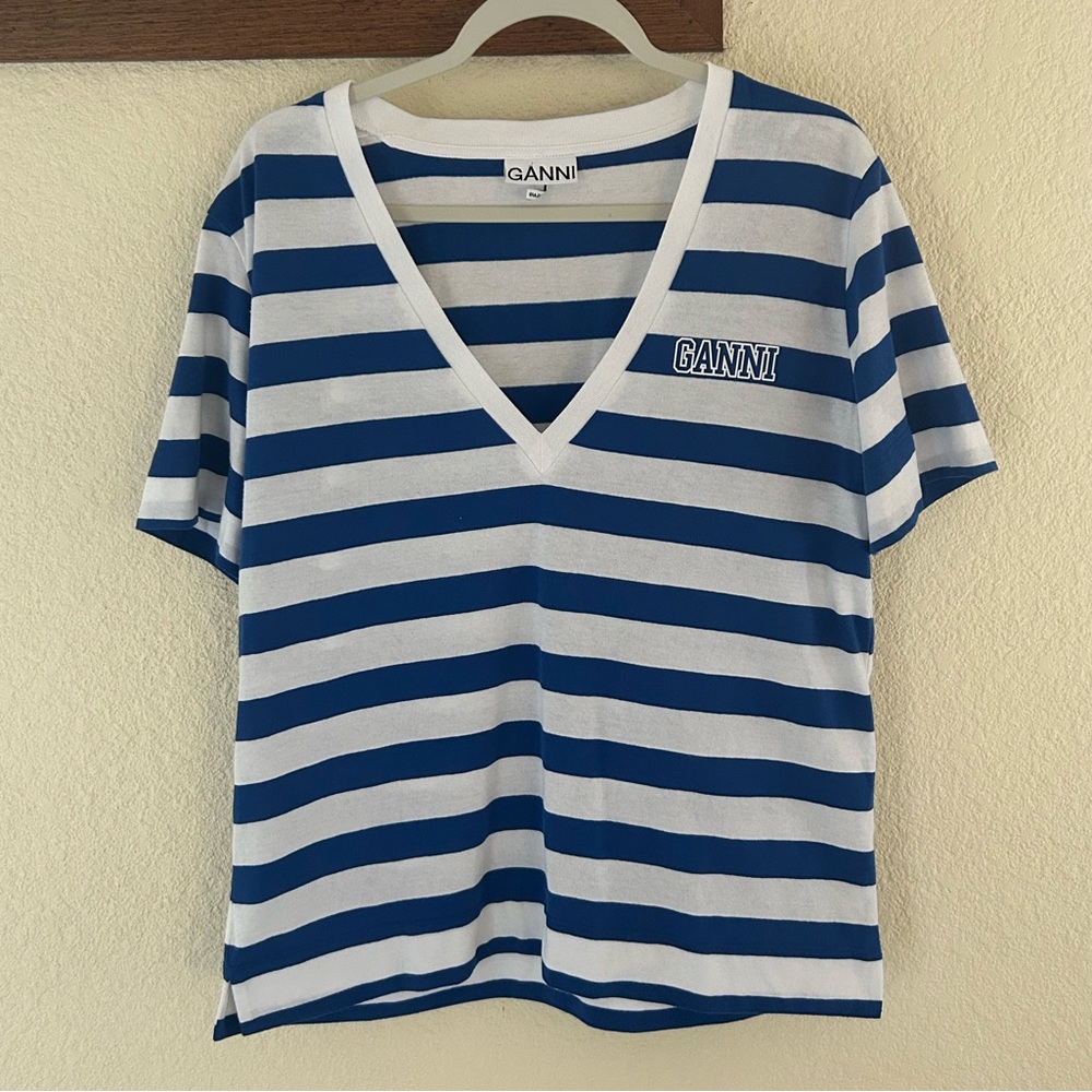 Ganni Blue and White Striped Logo Tee Shirt V Neck Size Medium - Picture 2 of 7